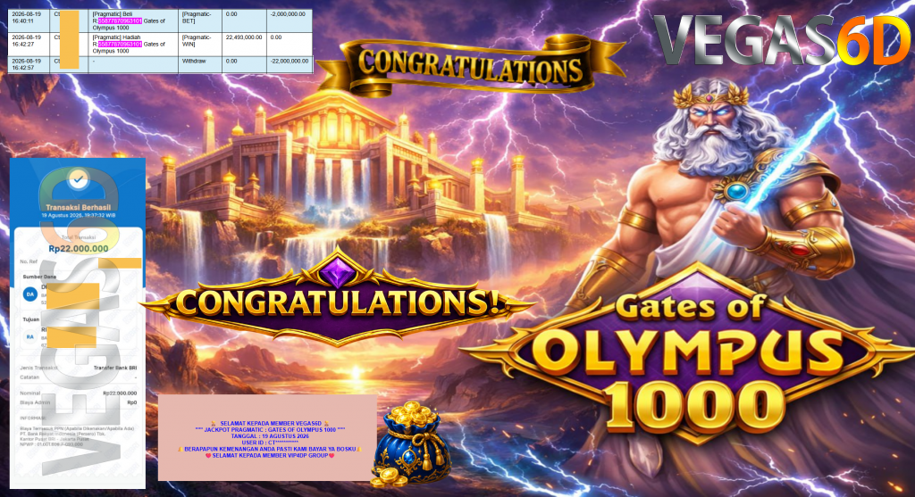 VEGAS6D JACKPOT PRAGMATIC ” GATES OF OLYMPUS 1000 ” Rp22.000.000,- LUNAS