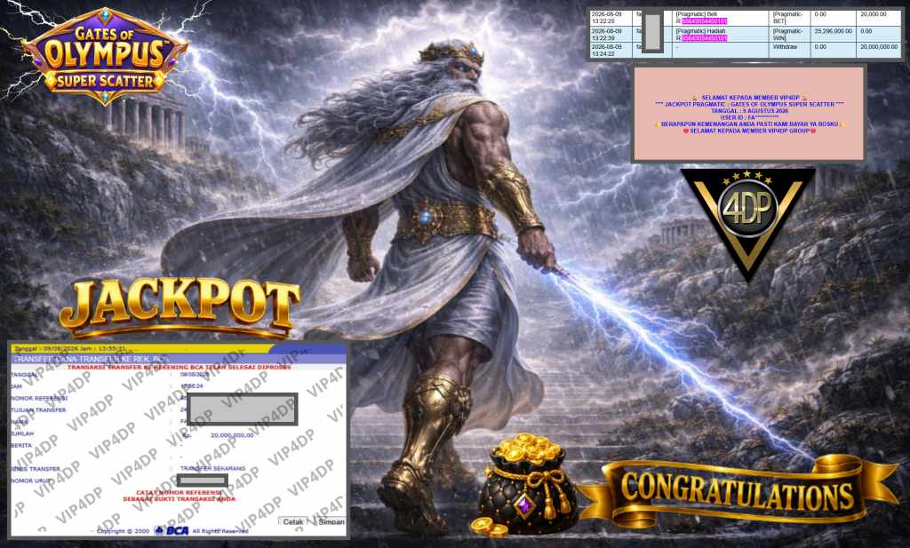 VIP4DP JACKPOT PRAGMATIC ” GATES OF OLYMPUS SUPER SCATTER ” Rp20.000.000,- LUNAS