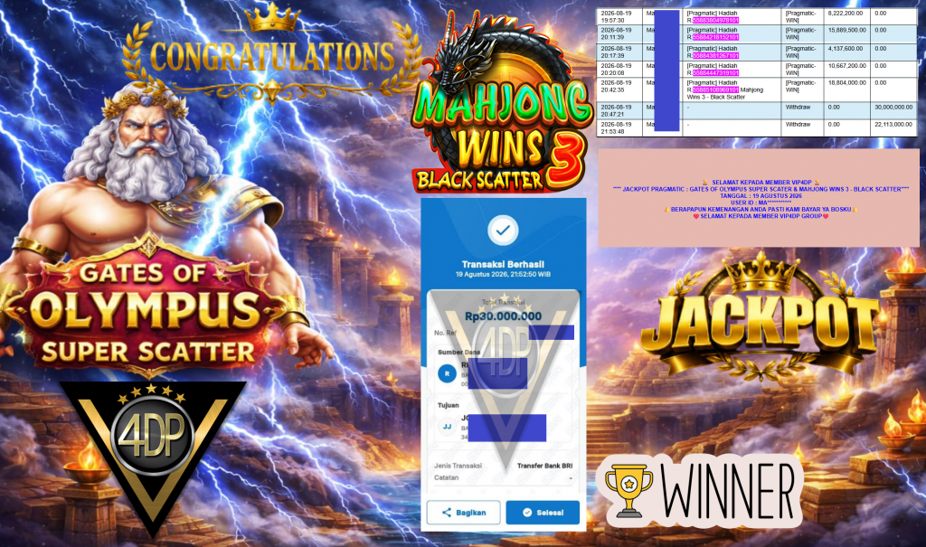 VIP4DP JACKPOT PRAGMATIC ” GATES OF OLYMPUS SUPER SCATER & MAHJONG WINS 3 – BLACK SCATTER ” Rp52.113.000,- LUNAS