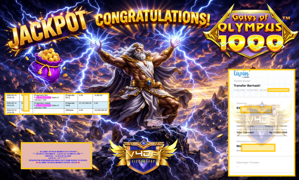 VICTORY4DP JACKPOT PRAGMATIC ” GATES OF OLYMPUS 1000 ” Rp81.000.000,- LUNAS