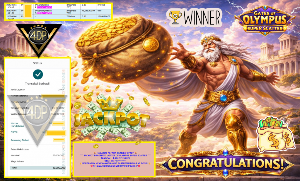 VIP4DP JACKPOT PRAGMATIC ” GATES OF OLYMPUS SUPER SCATTER ” Rp15.000.000,- LUNAS