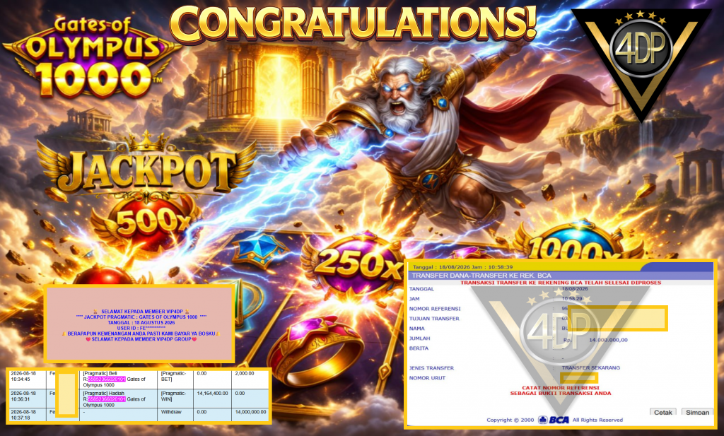 VIP4DP JACKPOT PRAGMATIC ” GATES OF OLYMPUS 1000 ” Rp14.000.000,- LUNAS