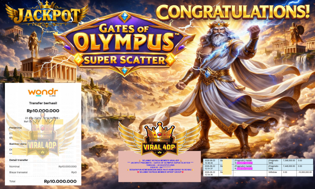 VIRAL4DP JACKPOT PRAGMATIC ” GATES OF OLYMPUS SUPER SCATTER ” Rp10.000.000,- LUNAS