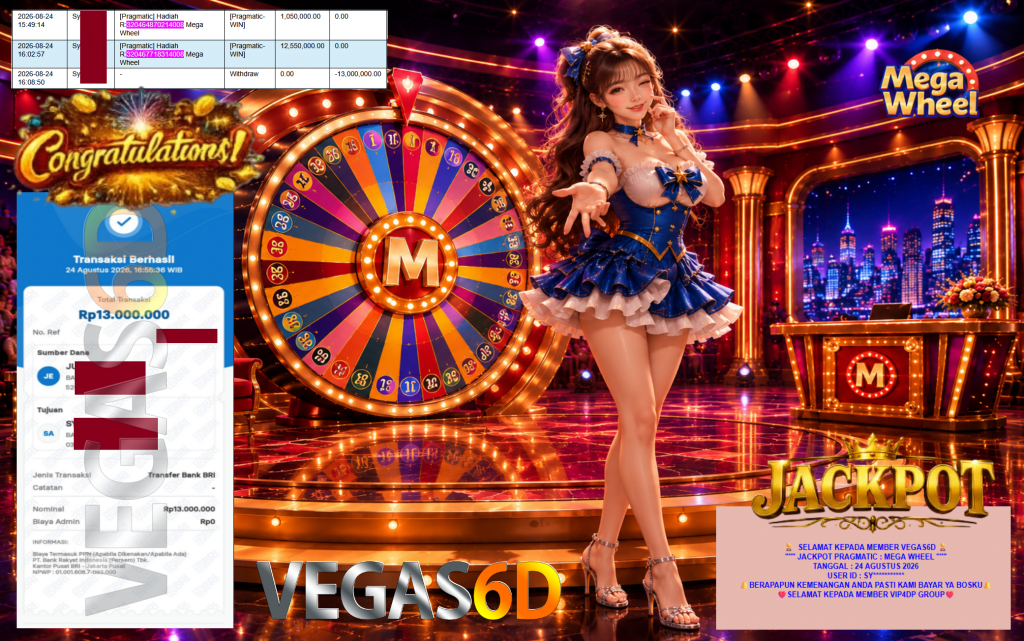 VEGAS6D JACKPOT PRAGMATIC ” MEGA WHEEL ” Rp13.000.000,- LUNAS