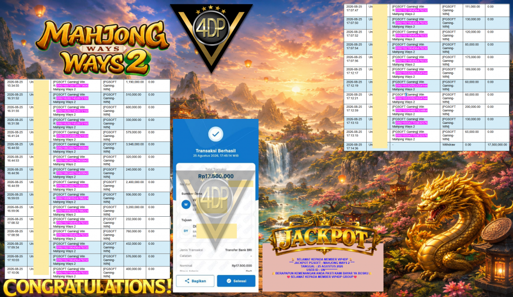 VIP4DP JACKPOT PGSOFT ” MAHJONG WAYS 2 ” Rp17.500.000,- LUNAS