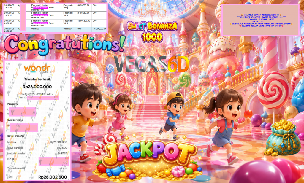 VEGAS6D JACKPOT PRAGMATIC ” SWEET BONANZA 1000 ” Rp26.000.000,- LUNAS