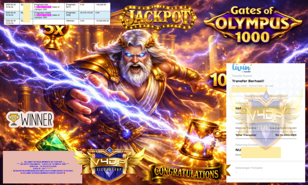 VICTORY4DP JACKPOT PRAGMATIC ” GATES OF OLYMPUS 1000 ” Rp20.000.000,- LUNAS