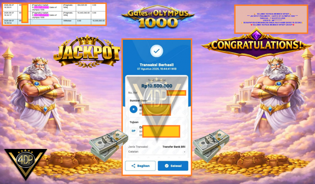 VIP4DP JACKPOT PRAGMATIC ” GATES OF OLYMPUS 1000 ” Rp10.500.000,- LUNAS