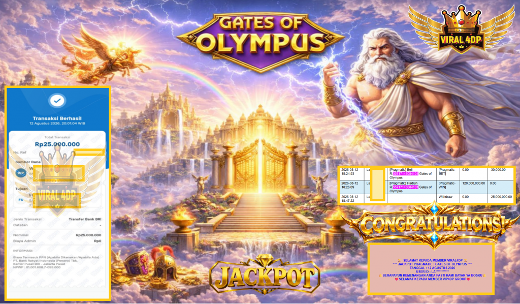 VIRAL4DP JACKPOT PRAGMATIC ” GATES OF OLYMPUS ” Rp75.000.000,- LUNAS