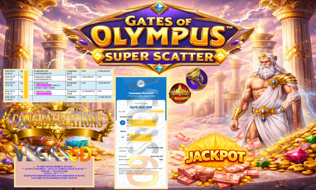 VEGAS6D JACKPOT PRAGMATIC ” GATES OF OLYMPUS SUPER SCATTER ” Rp13.000.000,- LUNAS