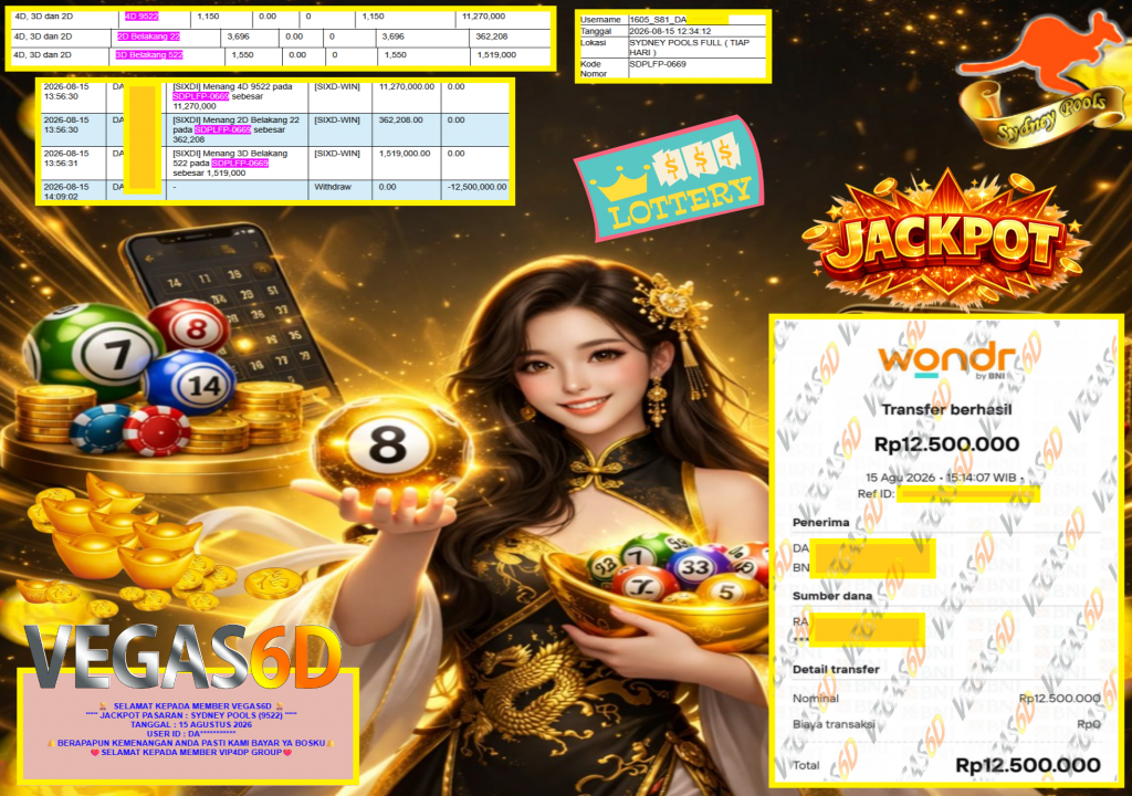 VEGAS6D JACKPOT PASARAN ” SYDNEY POOLS (9522) ” Rp12.500.000,- LUNAS