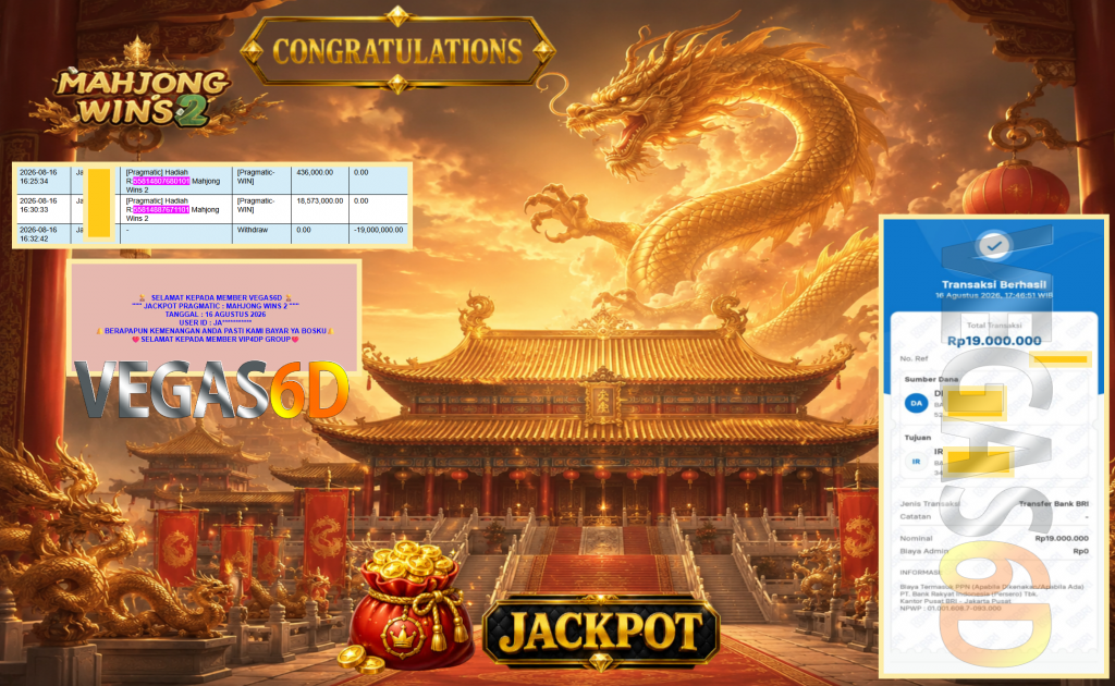 VEGAS6D JACKPOT PRAGMATIC ” MAHJONG WINS 2 ” Rp19.000.000,- LUNAS