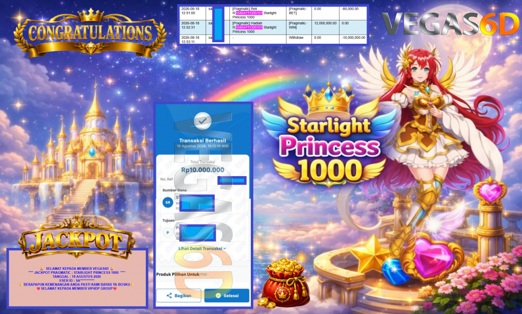 VEGAS6D JACKPOT PRAGMATIC ” STARLIGHT PRINCESS 1000 ” Rp10.000.000,- LUNAS
