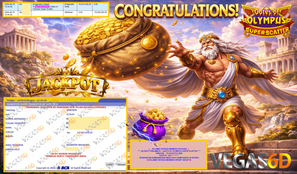 VEGAS6D JACKPOT PRAGMATIC ” GATES OF OLYMPUS SUPER SCATTER ” Rp19.000.000,- LUNAS