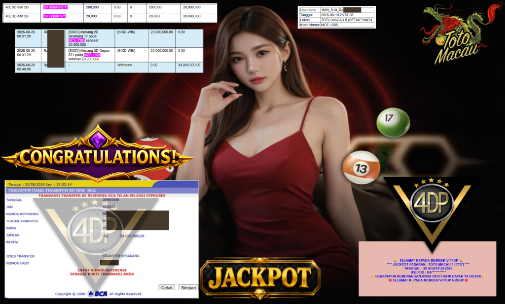 VIP4DP JACKPOT PASARAN ” TOTO MACAU 5 (5717) ” Rp34.000.000,- LUNAS