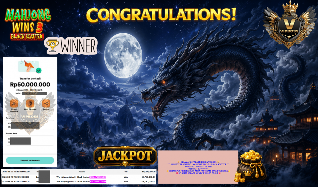 VVIPBOSS JACKPOT PRAGMATIC ” MAHJONG WINS 3 – BLACK SCATTER ” Rp80.000.000,- LUNAS