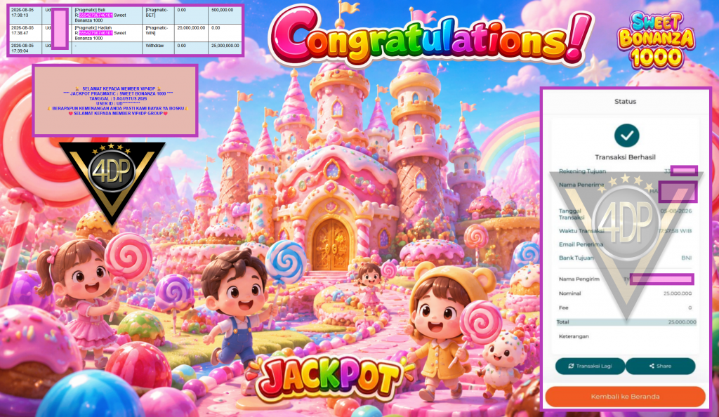 VIP4DP JACKPOT PRAGMATIC ” SWEET BONANZA 1000 ” Rp25.000.000,- LUNAS