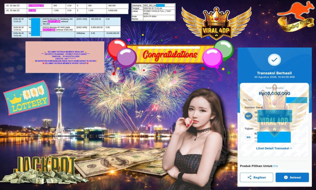 VIRAL4DP JACKPOT PASARAN ” SYDNEY POOLS (9445) ” Rp10.000.000,- LUNAS
