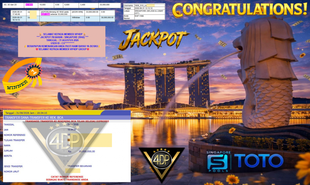 VIP4DP JACKPOT PASARAN ” SINGAPORE (9042) ” Rp30.000.000,- LUNAS