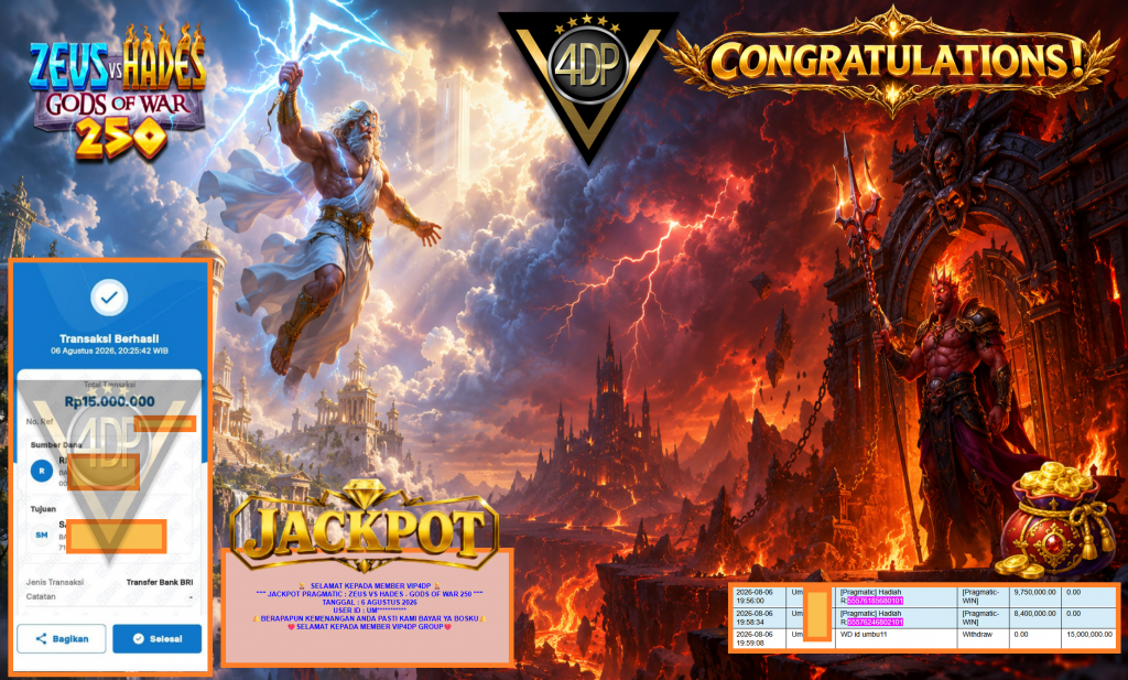 VIP4DP JACKPOT PRAGMATIC ” ZEUS VS HADES – GODS OF WAR 250 ” Rp15.000.000,- LUNAS