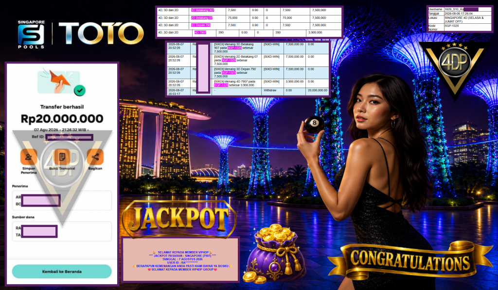 VIP4DP JACKPOT PASARAN ” SINGAPORE (7907) ” Rp20.000.000,- LUNAS