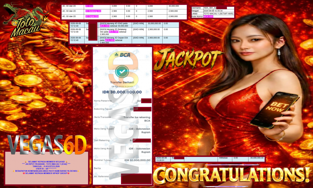 VEGAS6D JACKPOT PASARAN ” TOTO MACAU 1 (0342) ” Rp30.000.000,- LUNAS