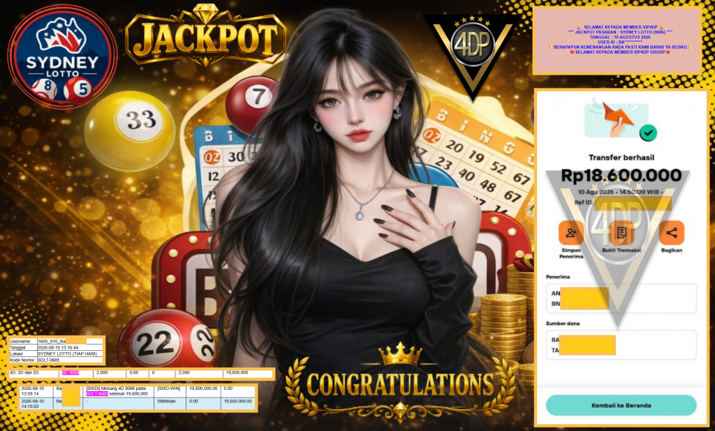 VIP4DP JACKPOT PASARAN ” SYDNEY LOTTO (9086) ” Rp18.600.000,- LUNAS