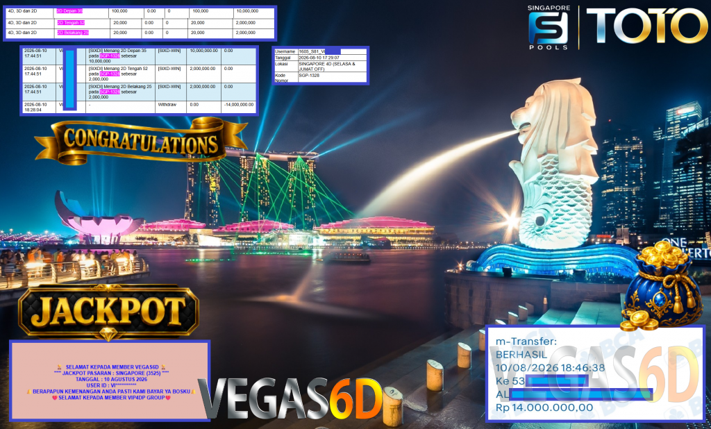 VEGAS6D JACKPOT PASARAN ” SINGAPORE (3525) ” Rp14.000.000,- LUNAS
