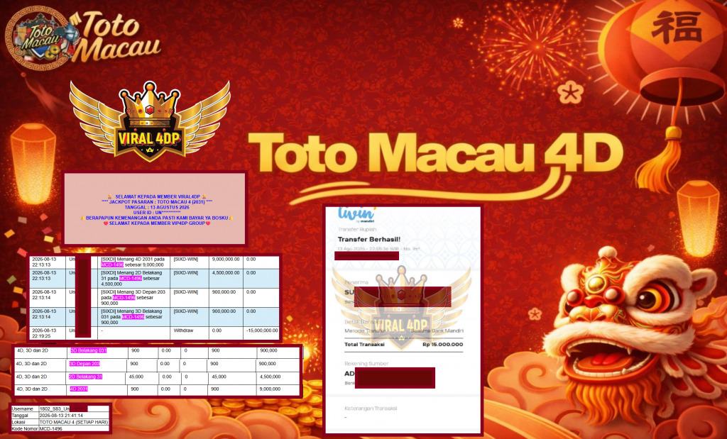 VIRAL4DP JACKPOT PASAR ” TOTO MACAU 4 (2031) ” Rp15.000.000,- LUNAS