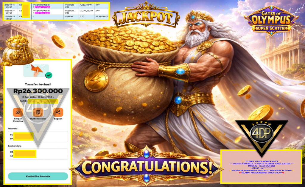 VIP4DP JACKPOT PRAGMATIC ” GATES OF OLYMPUS SUPER SCATTER ” Rp26.300.000,- LUNAS