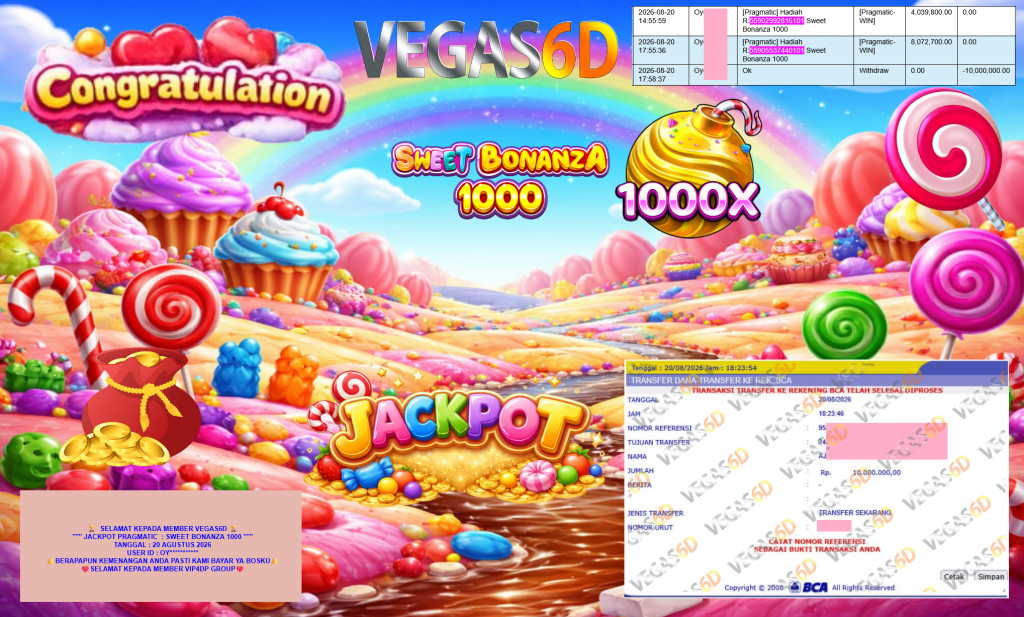 VEGAS6D JACKPOT PRAGMATIC ” SWEET BONANZA 1000 ” Rp10.000.000,- LUNAS