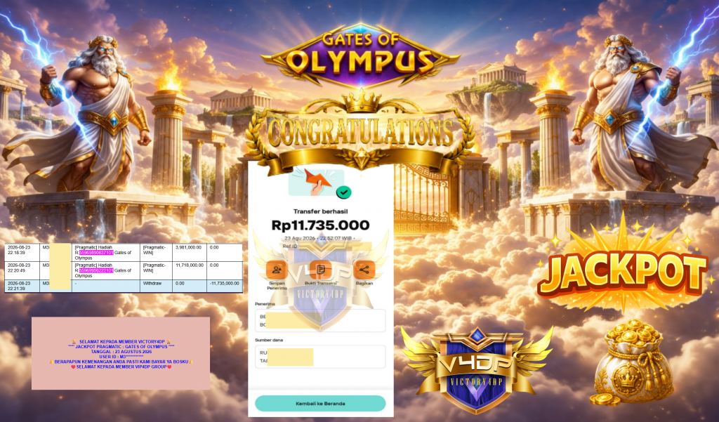 VICTORY4DP JACKPOT PRAGMATIC ” GATES OF OLYMPUS ” Rp11.735.000,- LUNAS