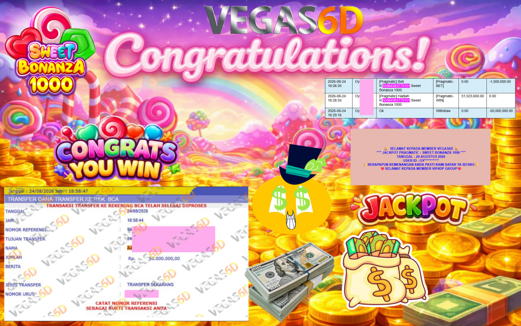 VEGAS6D JACKPOT PRAGMATIC ” SWEET BONANZA 1000 ” Rp50.000.000,- LUNAS