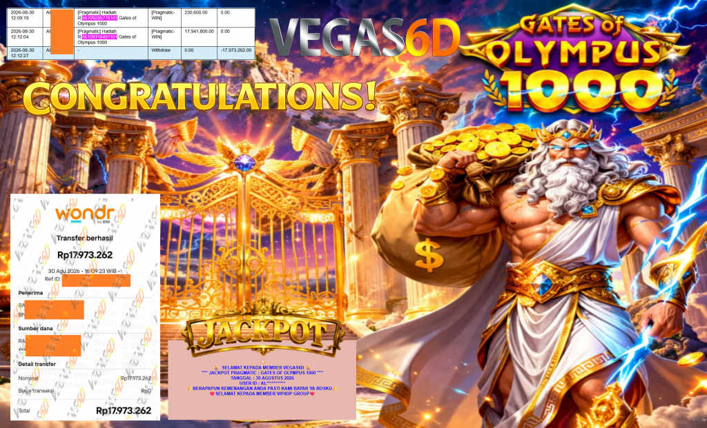VEGAS6D JACKPOT PRAGMATIC ” GATES OF OLYMPUS 1000 ” Rp17.973.262,- LUNAS