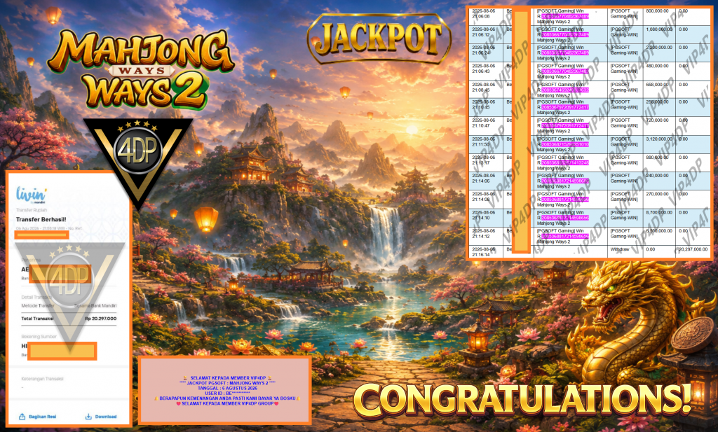 VIP4DP JACKPOT PGSOFT ” MAHJONG WAYS 2 ” Rp20.297.000,- LUNAS