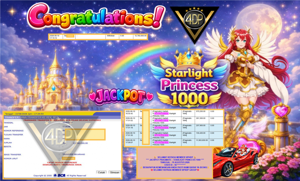 VIP4DP JACKPOT PRAGMATIC ” STARLIGHT PRINCESS 1000 ” Rp12.760.000,- LUNAS