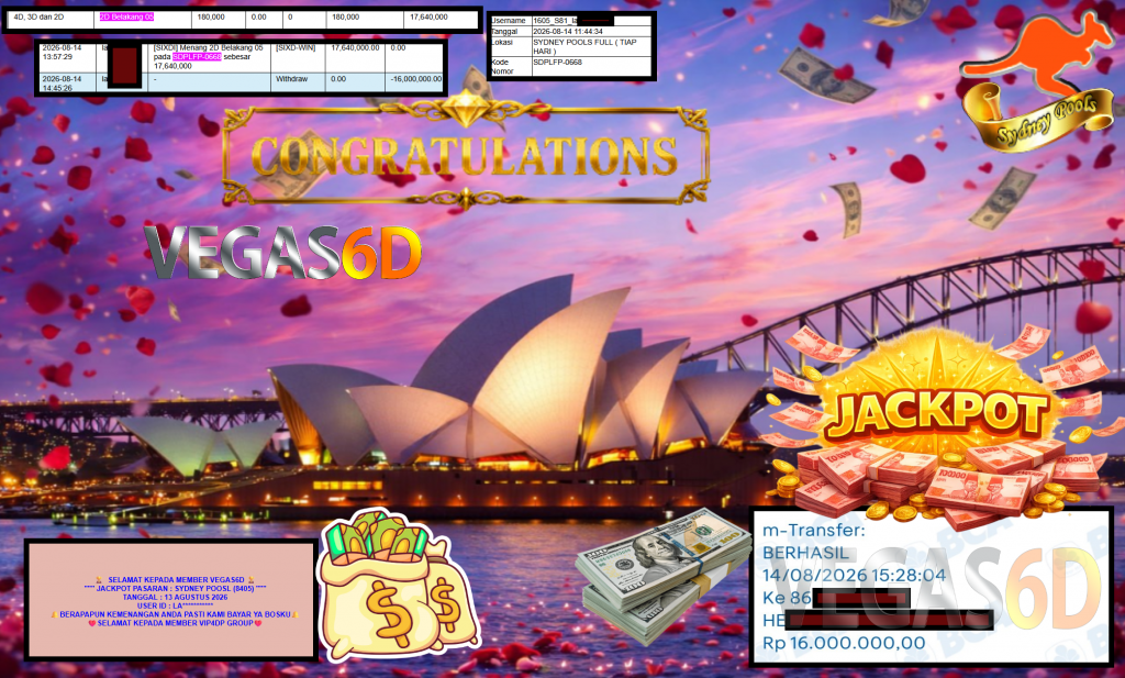 VEGAS6D JACKPOT PASARAN ” SYDNEY POOSL (8405) ” Rp16.000.000,- LUNAS