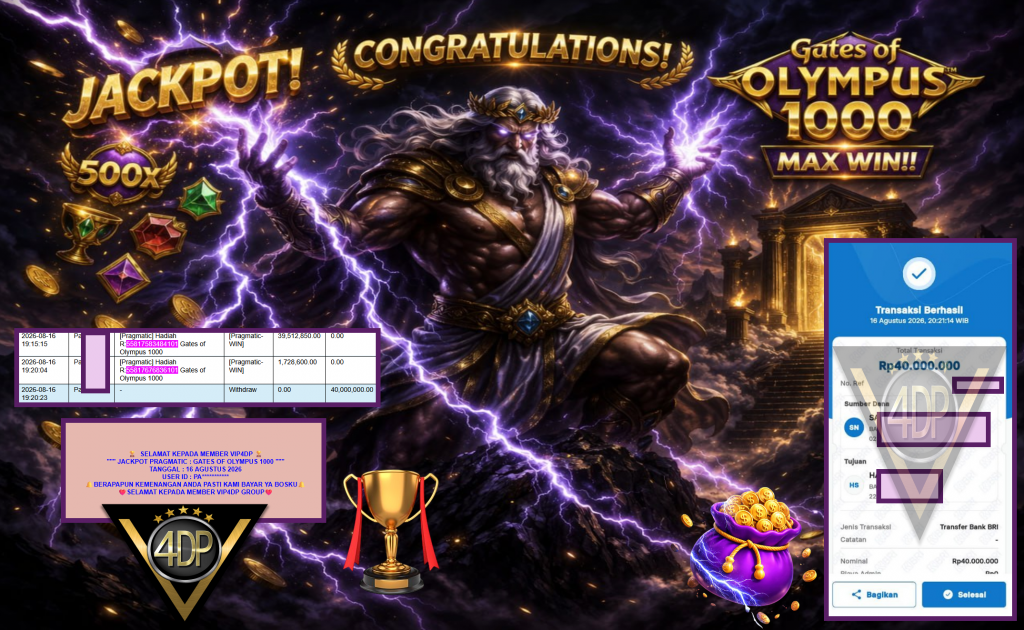 VIP4DP JACKPOT PRAGMATIC ” GATES OF OLYMPUS 1000 ” Rp40.000.000,- LUNAS