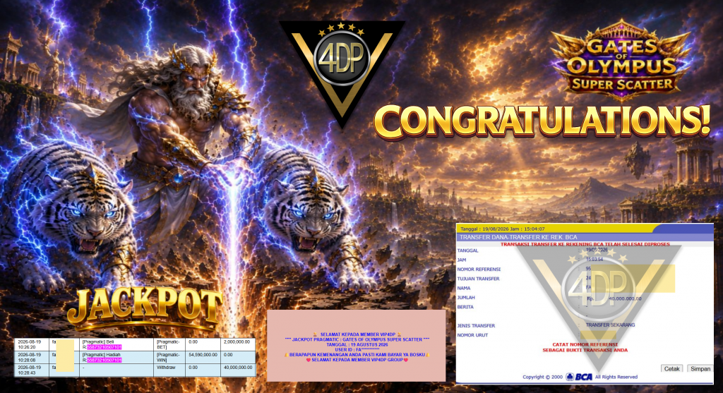 VIP4DP JACKPOT PRAGMATIC ” GATES OF OLYMPUS SUPER SCATTER ” Rp40.000.000,- LUNAS