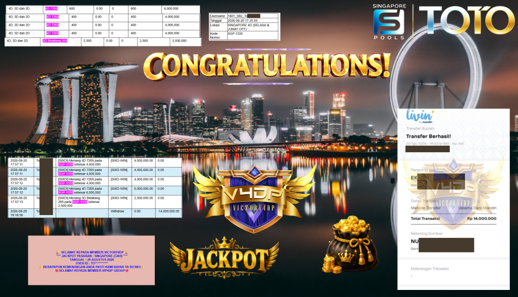VICTORY4DP JACKPOT PASARAN ” SINGAPORE (7269) ” Rp14.000.000,- LUNAS