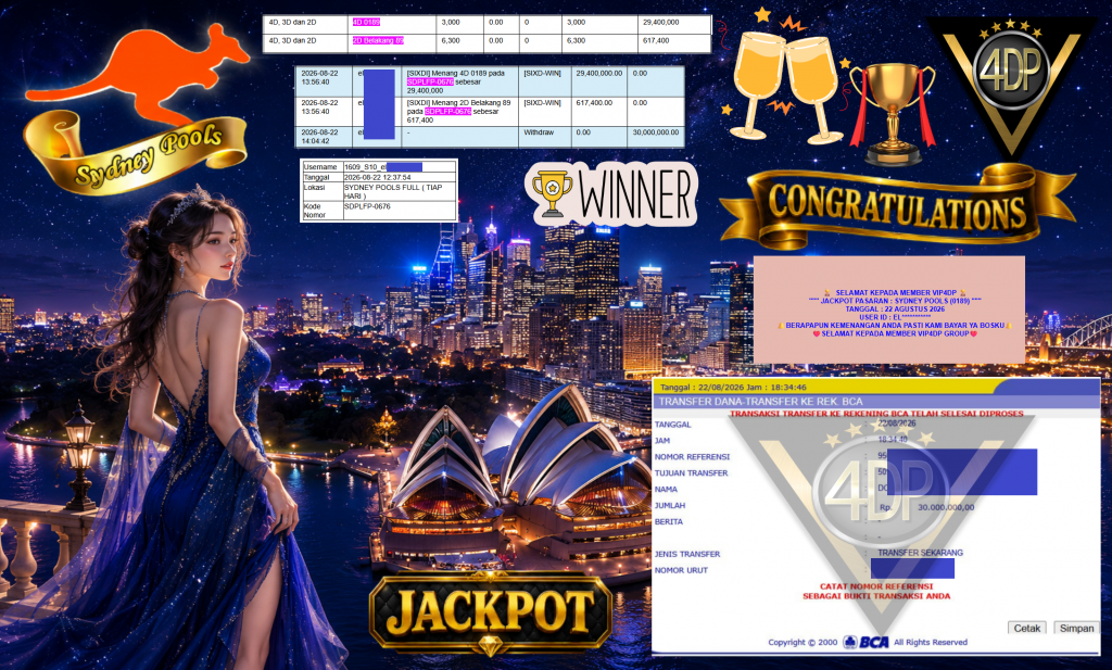 VIP4DP JACKPOT PASARAN ” SYDNEY POOLS (0189) ” Rp30.000.000,- LUNAS