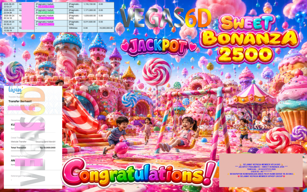 VEGAS6D JACKPOT PRAGMATIC ” SWEET BONANZA 2500 ” Rp10.000.000,- LUNAS