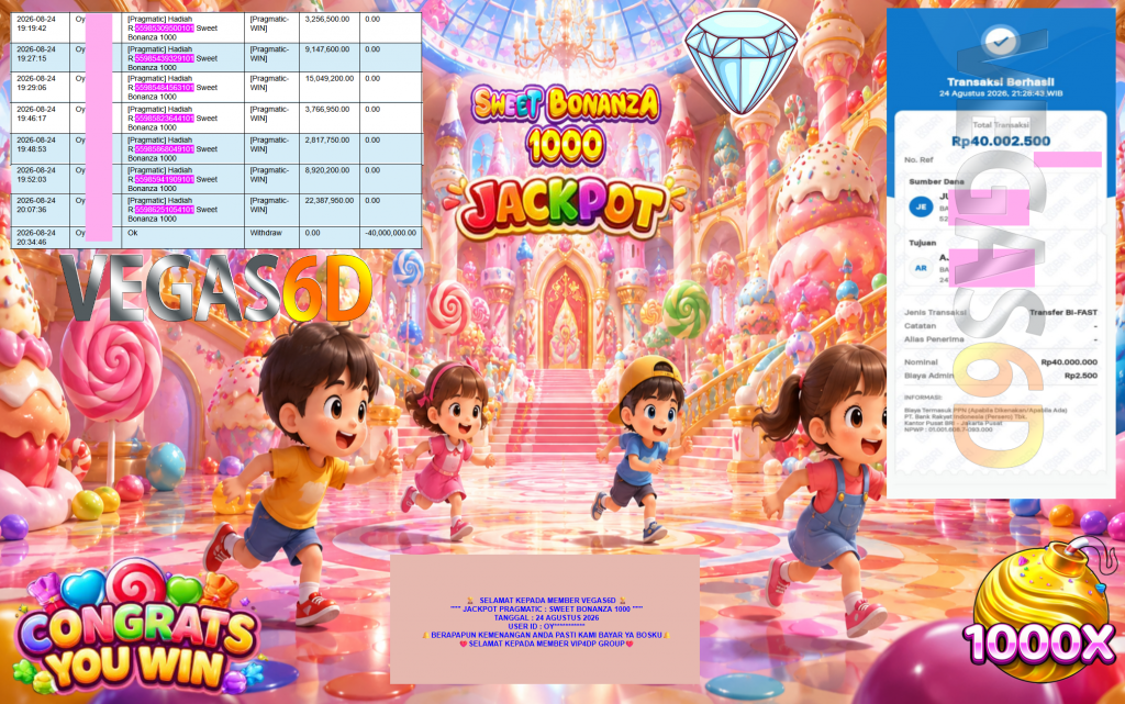 VEGAS6D JACKPOT PRAGMATIC ” SWEET BONANZA 1000 ” Rp40.000.000,- LUNAS