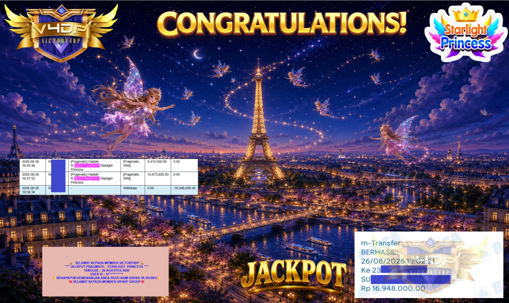 VICTORY4DP JACKPOT PRAGMATIC ” STARLIGHT PRINCESS ” Rp16.948.000,- LUNAS