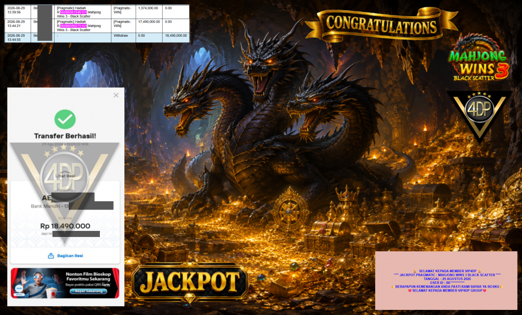 VIP4DP JACKPOT PRAGMATIC” MAHJONG WINS 3 BLACK SCATTER ” Rp18.490.000,- LUNAS