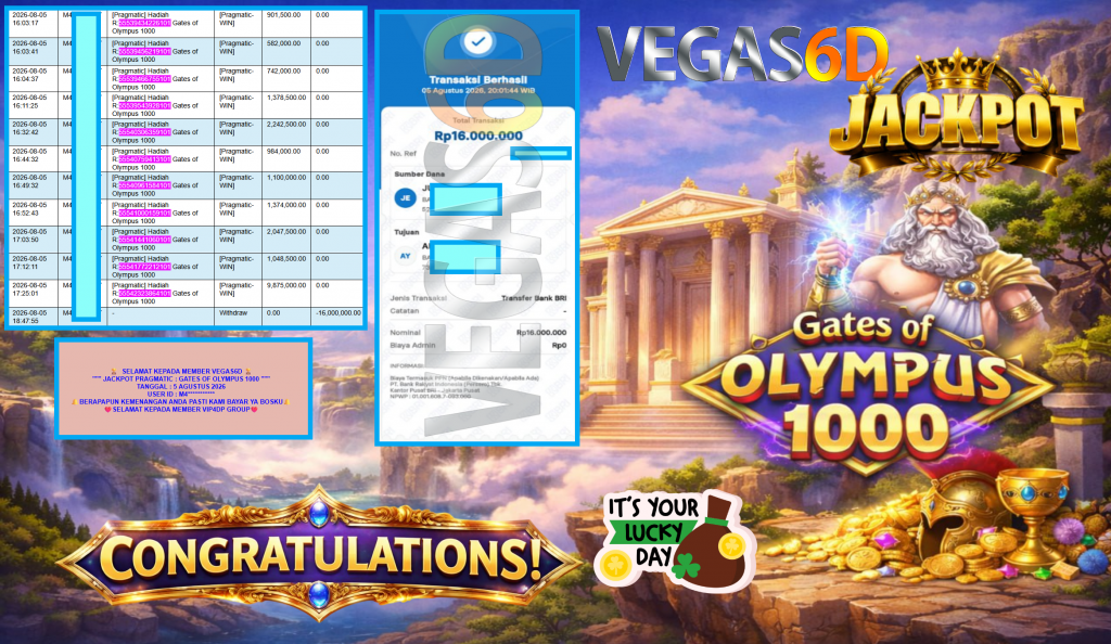VEGAS6D JACKPOT PRAGMATIC ” GATES OF OLYMPUS 1000 ” Rp16.000.000,- LUNAS