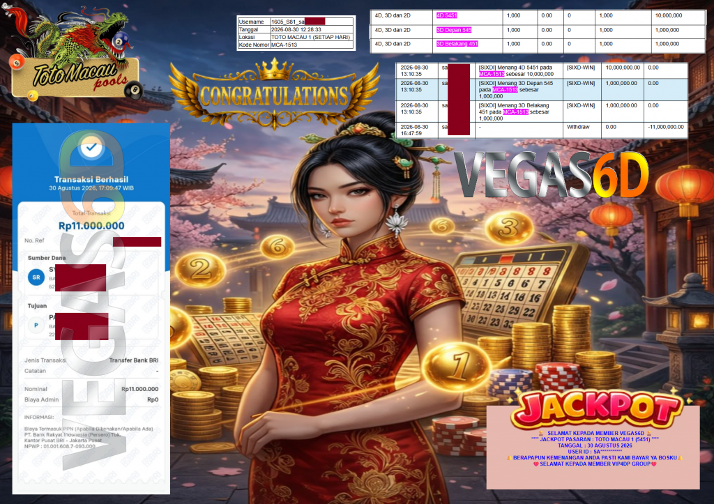 VEGAS6D JACKPOT PASARAN ” TOTO MACAU 1 (5451) ” Rp11.000.000,- LUNAS