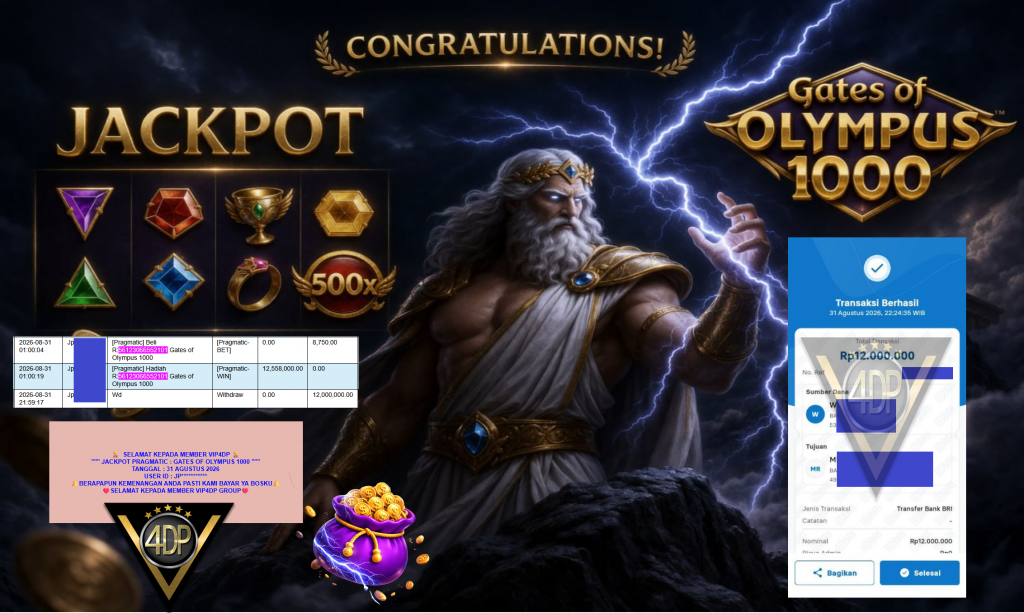 VIP4DP JACKPOT PRAGMATIC ” GATES OF OLYMPUS 1000 ” Rp12.000.000,- LUNAS