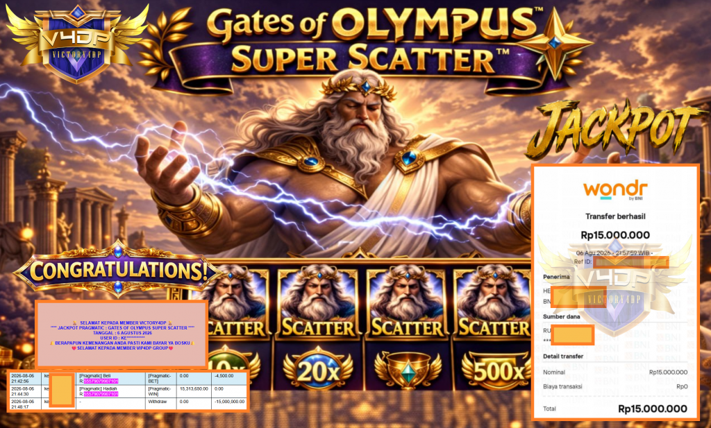 VICTORY4DP JACKPOT PRAGMATIC ” GATES OF OLYMPUS SUPER SCATTER ” Rp15.000.000,- LUNAS