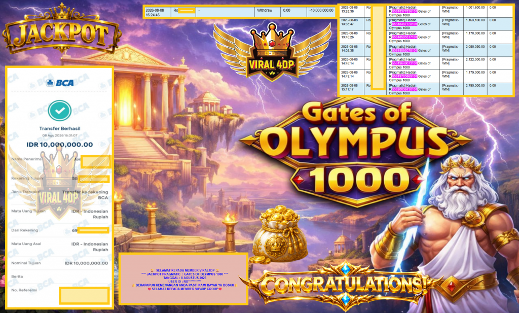 VIRAL4DP JACKPOT PRAGMATIC ” GATES OF OLYMPUS 1000 ” Rp10.000.000,- LUNAS